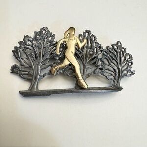 Lady Runner Brooch Gold Tone Pewter Trees Marked Vintage